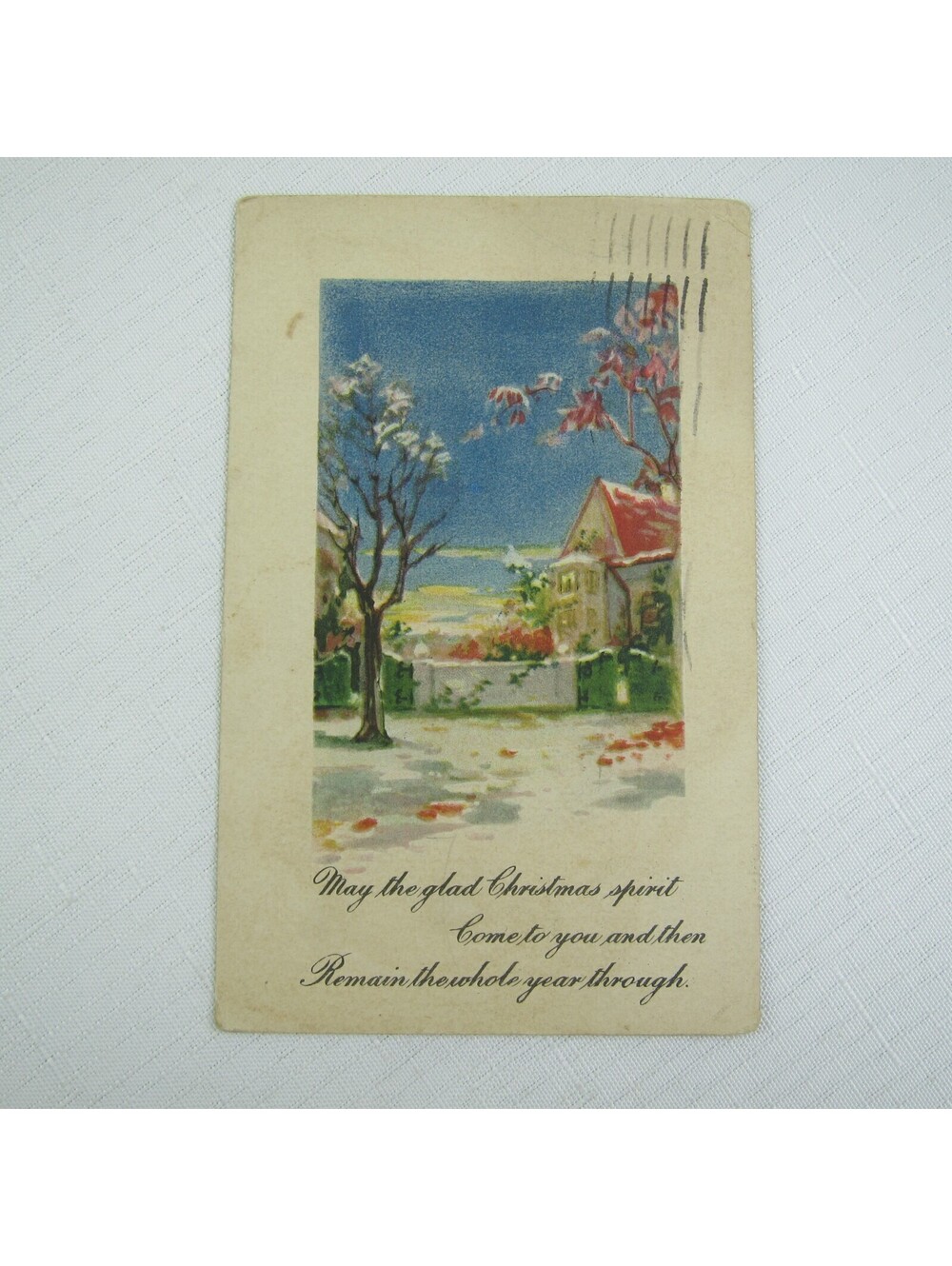 Christmas Greetings Postcard Vintage 1925 House Red & White Tree Blossoms